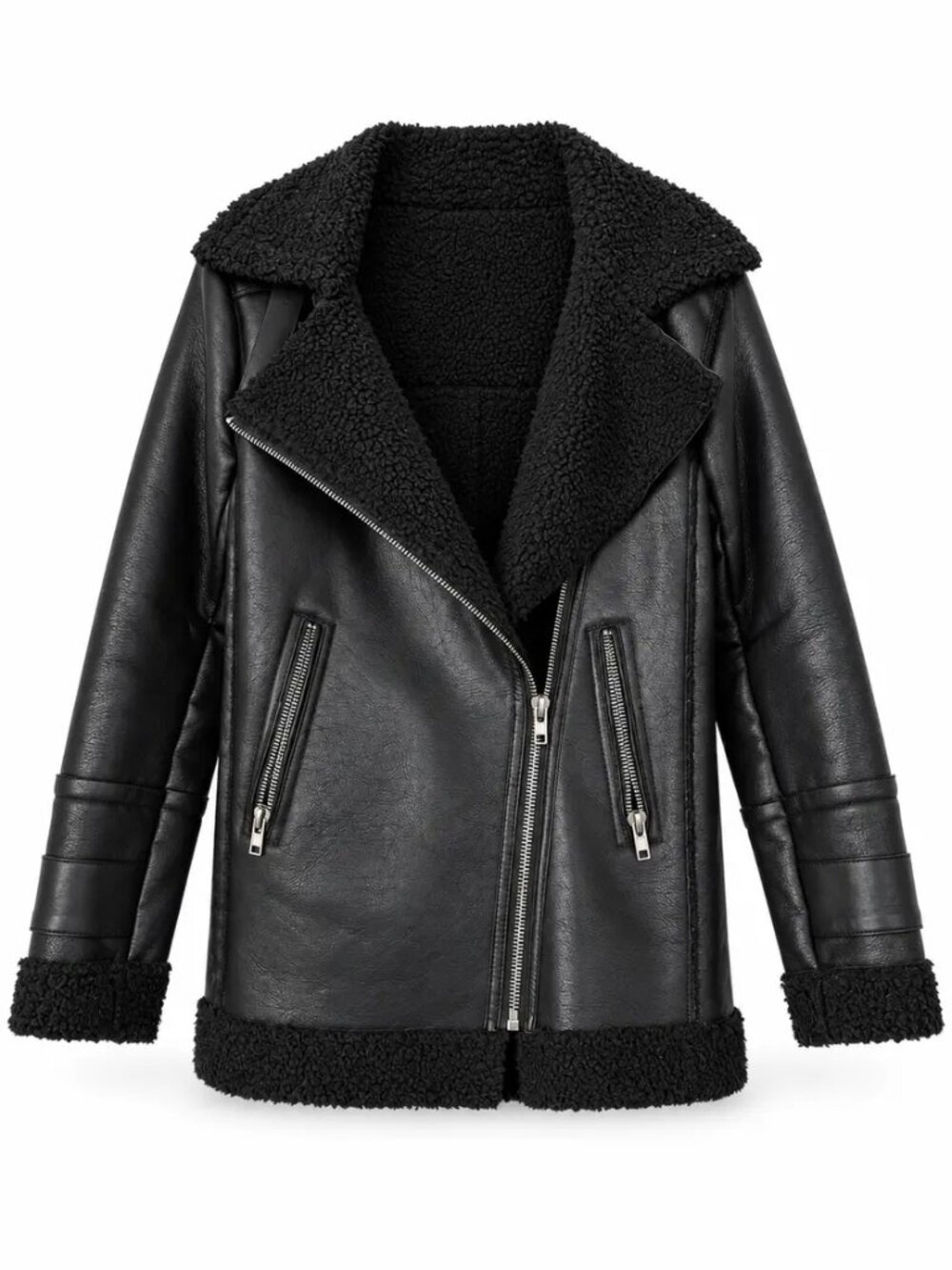 AFRM Black Faux-Leather Sherpa Moto Jacket, Size S